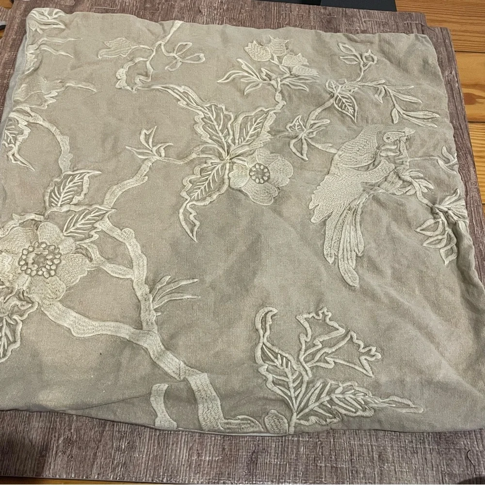 Pottery Barn Linen Cotton Bird Embroidered Tan Sham Cover